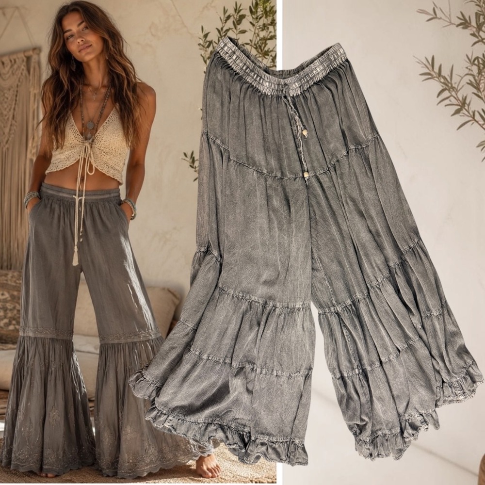 S R Fashion Wide Leg Pants Tiered Ruffle Charcoal Grey Large